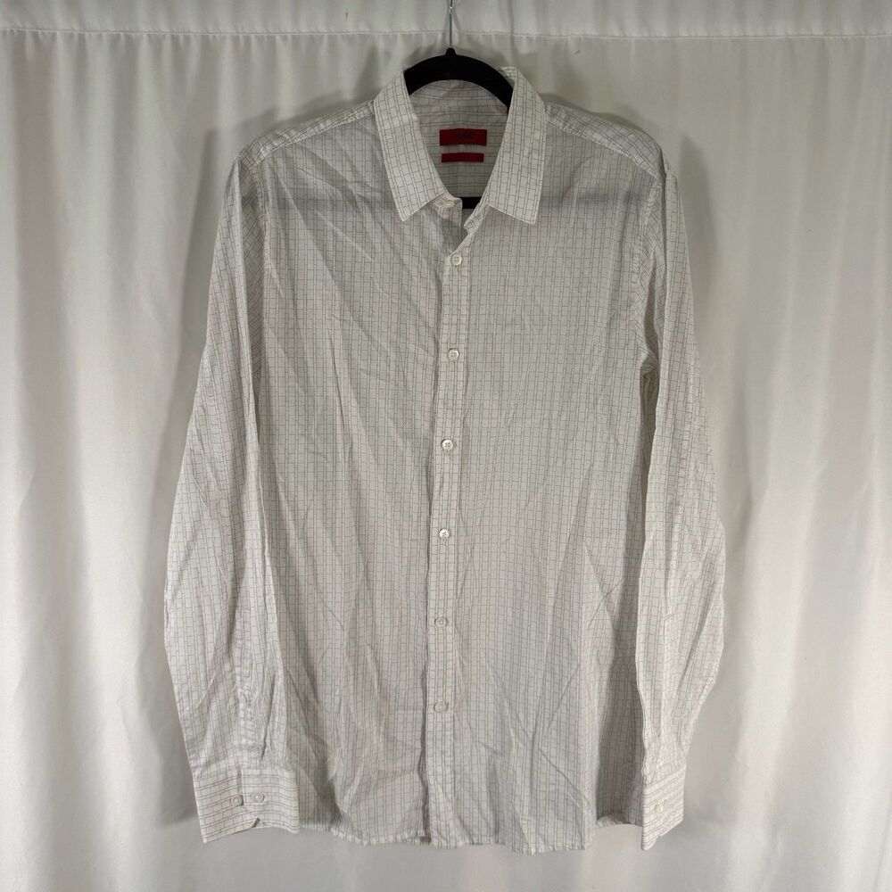 Hugo Boss Dress Shirt Men's Medium White Print Slim Fit Long Sleeve Button Up